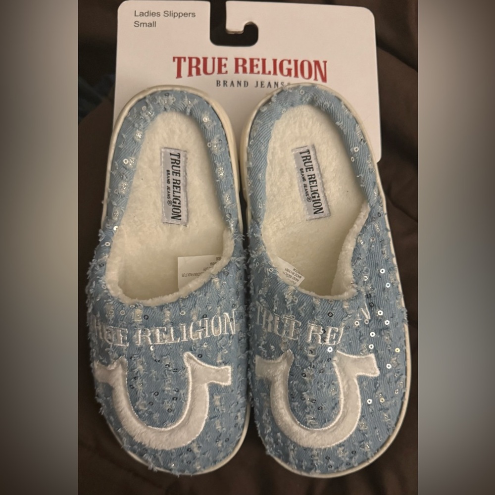 True Religion Denim Horseshoe print Slippers | Sz 5-6 | Brand New WT
